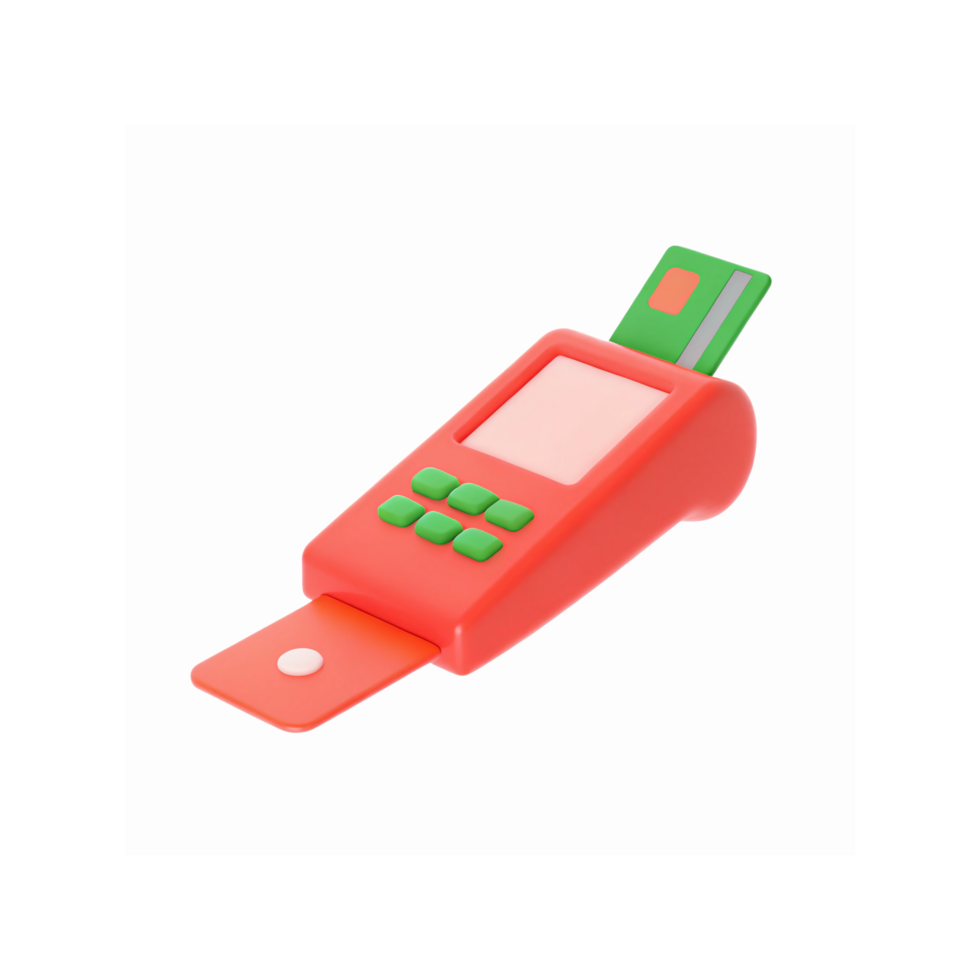 Red Digital Payment Machine with Green Buttons and Card Inserted for Electronic Transactions png