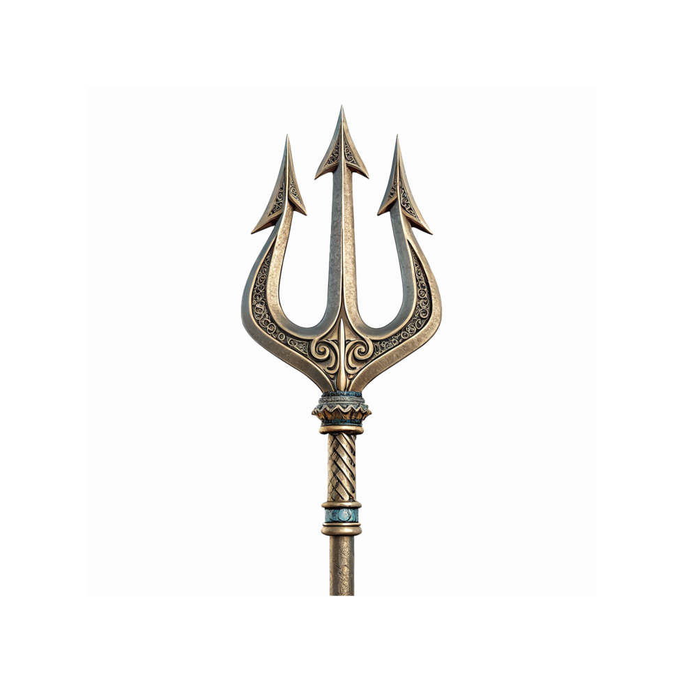 Golden Ornate Trident Weapon with Intricate Design on Transparent Background for Mythology and Fantasy png