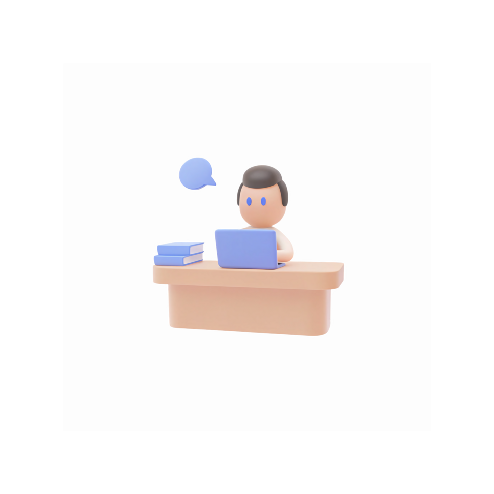 3D Illustration of Office Worker Using Laptop at Desk with Speech Bubble and Books png