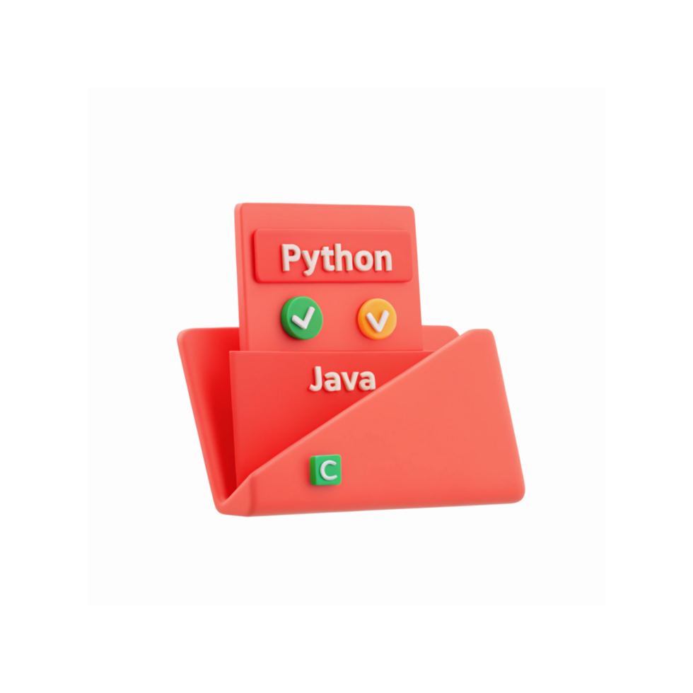 Red Folder with Python Java C Programming Icons and Checkmarks for Coding Projects and Development png