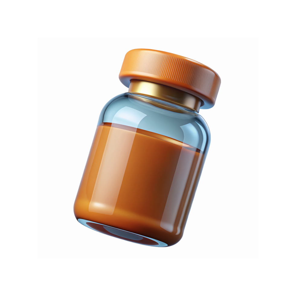 Clear Glass Jar with Orange Liquid and Gold Cap for Medical Pharmaceutical or Food Packaging Use png