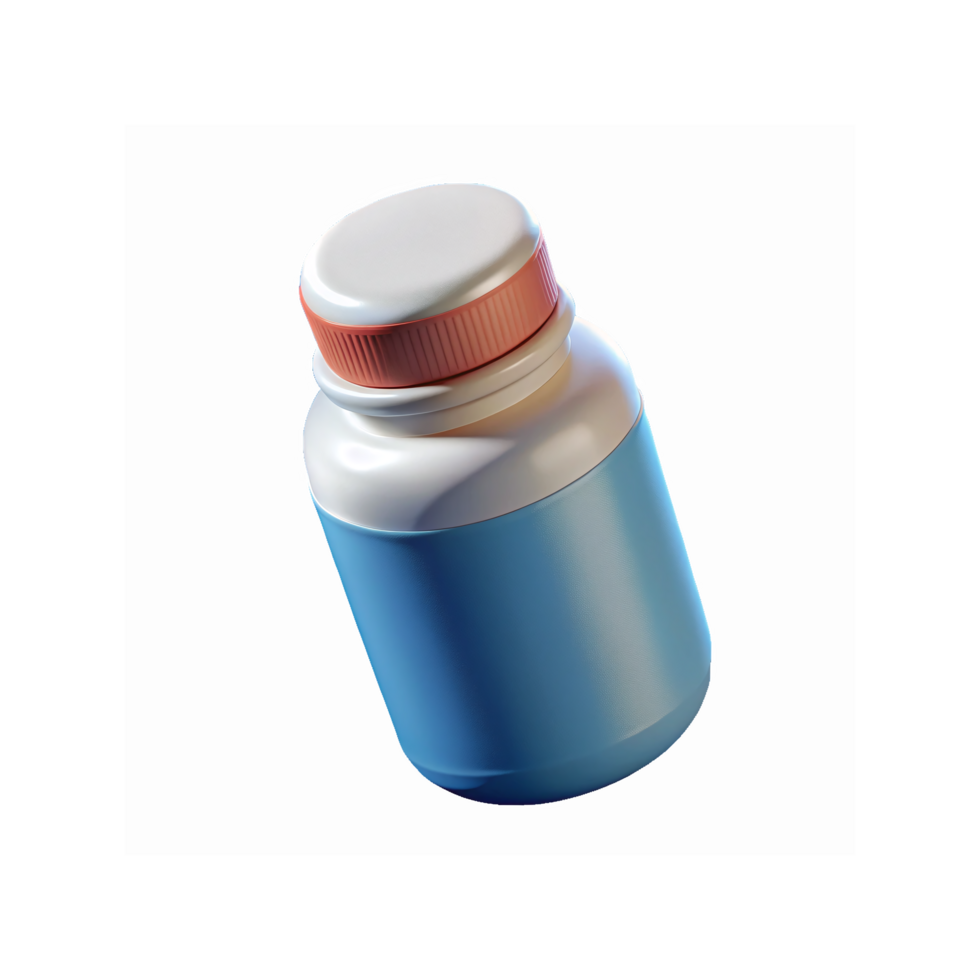 Blue Plastic Medicine Bottle with White Cap and Red Accent Lid for Supplements or Capsules png