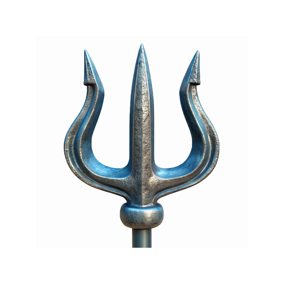 Closeup of Metallic Silver Blue Trident Symbol with Three Sharp Points on Transparent Background png