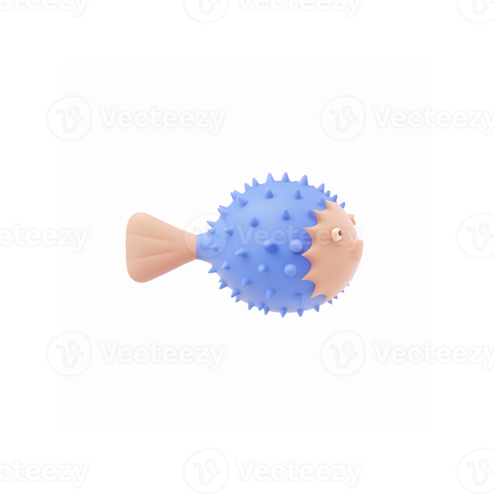 3D Illustration of Blue Spiky Puffer Fish with Light Tan Tail on Transparent Background for Design Projects png