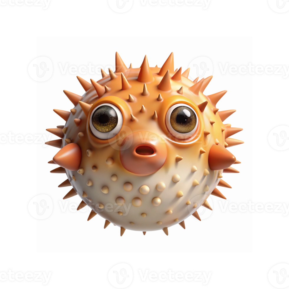 Bright Orange Cartoon Style Pufferfish with Spiky Body and Surprised Expression on Transparent Background png