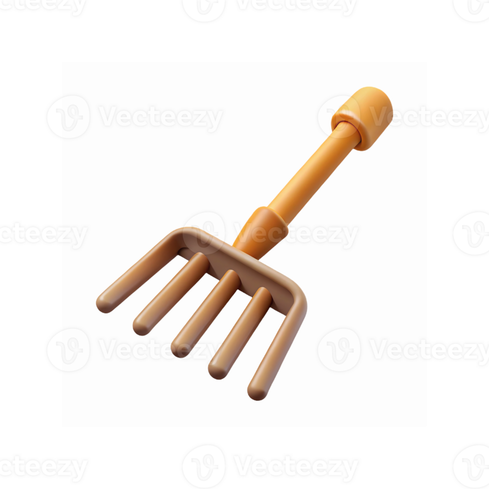 Three Dimensional Brown Gardening Rake with Yellow Handle for Landscaping and Cultivation Tools png