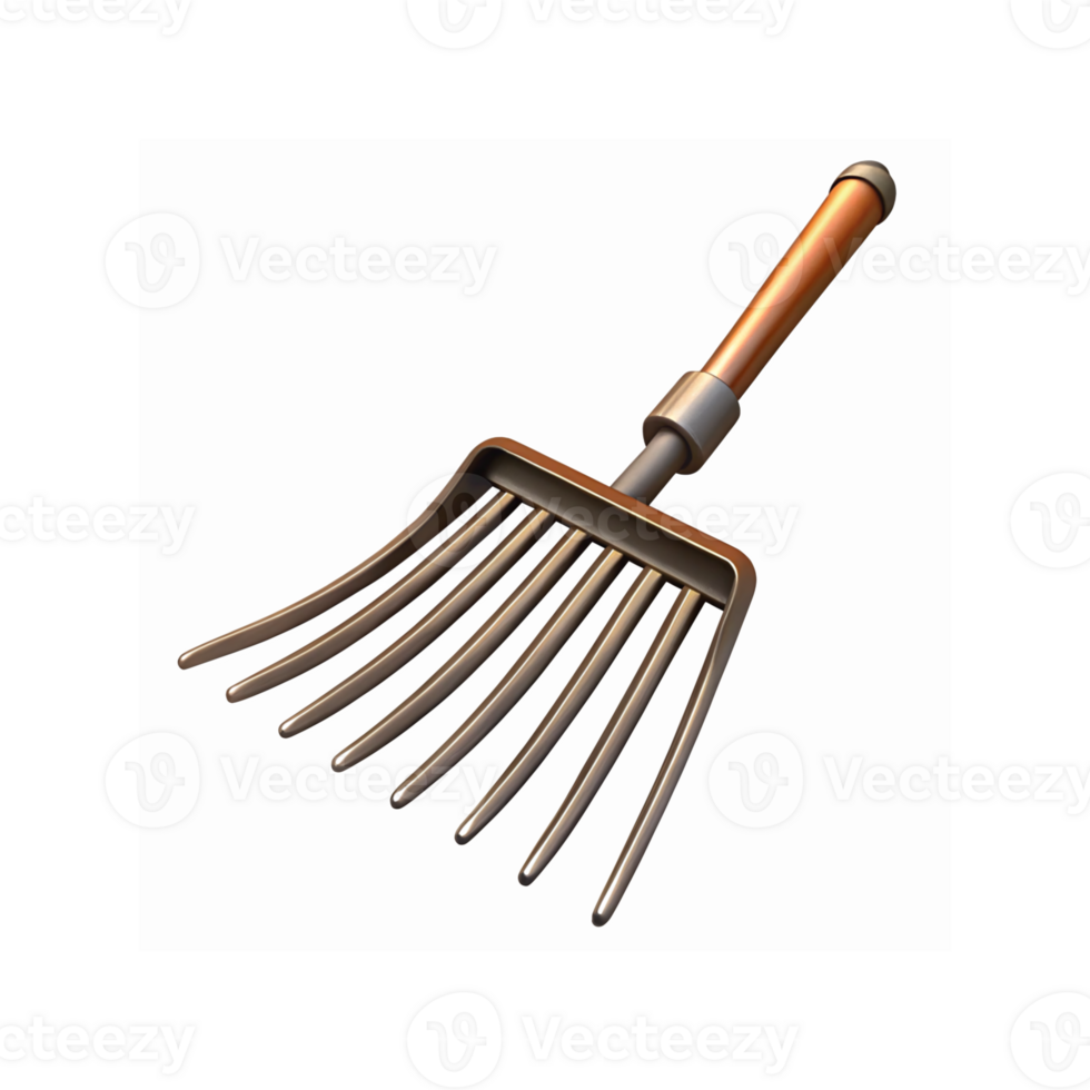 Detailed Metallic Garden Fork Tool with Wooden Handle for Farming and Landscaping Use png