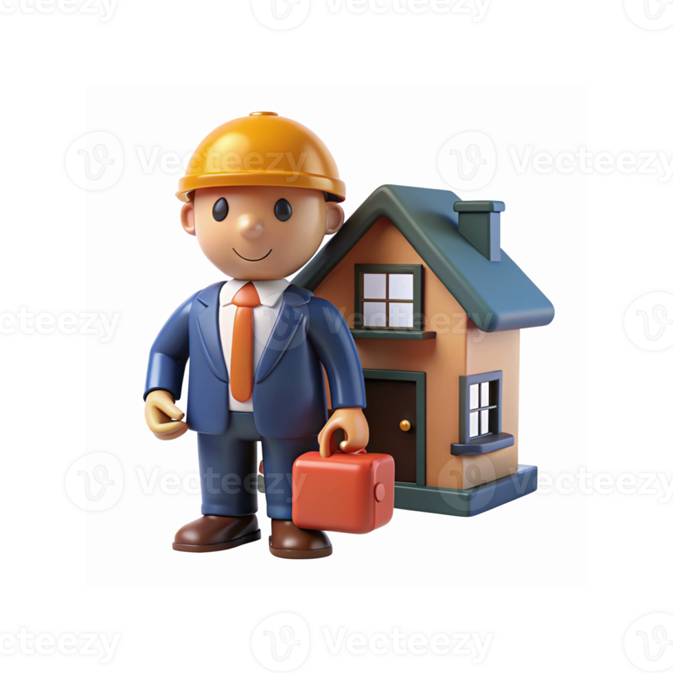 Smiling Construction Worker in Suit with Orange Hardhat Carrying Briefcase Standing Beside Model House png