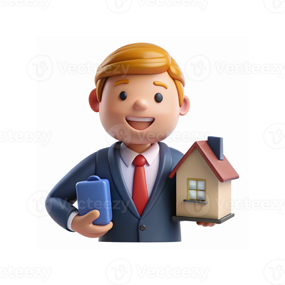 Smiling Real Estate Agent Holding Model House and Briefcase in Business Suit with Red Tie Illustration png