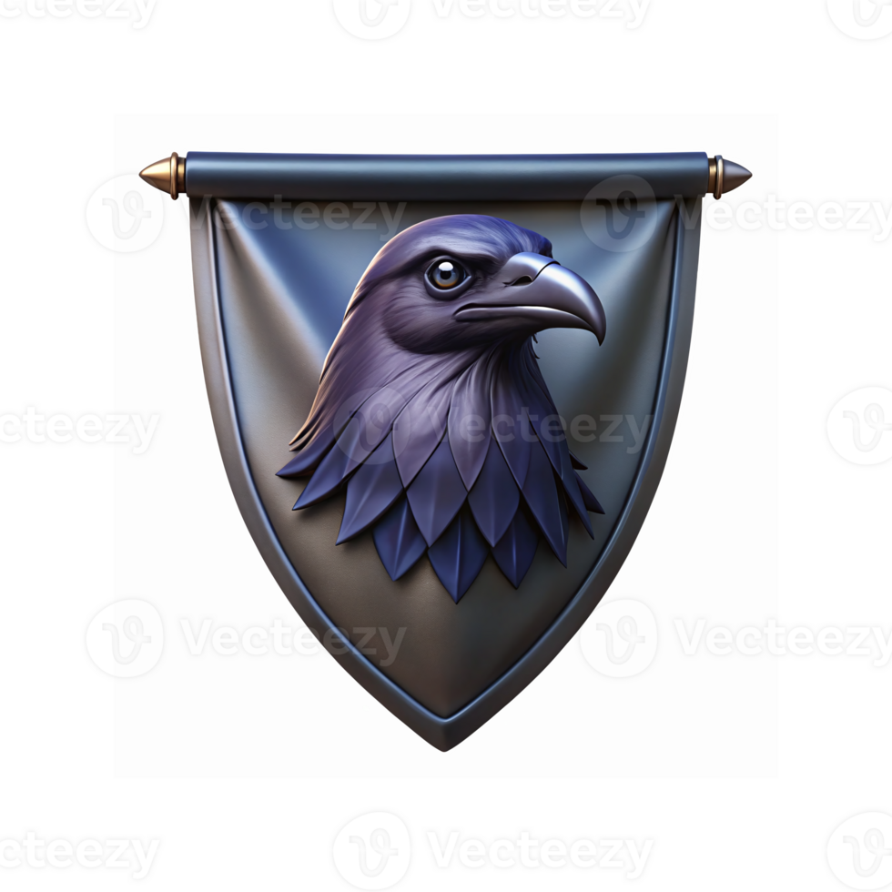 Majestic Purple Raven Crest Emblem on Metallic Shield with Intricate Design for Heraldic Use png