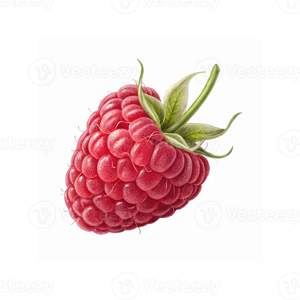 Close Up of Ripe Red Raspberry with Green Leaf Detailed Texture and Transparent Background png