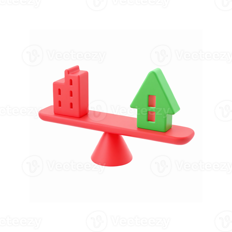 Red Plastic Balance Scale Comparing Green House And Red Office Building Icon png
