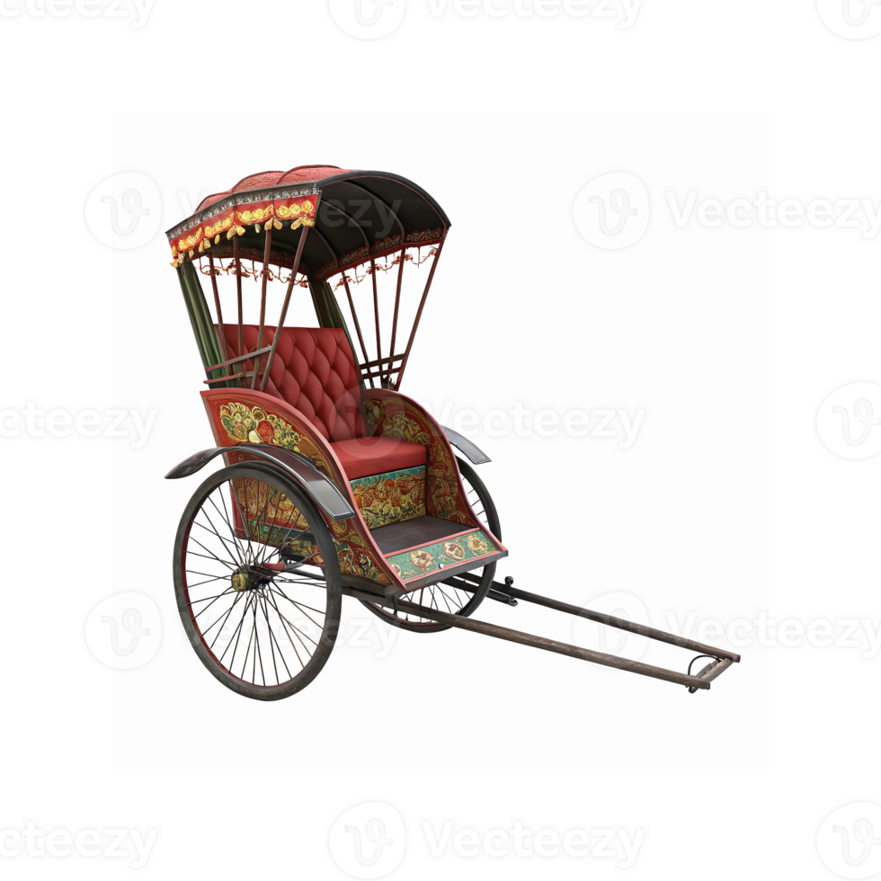 Traditional Hand-Pulled Rickshaw with Ornate Red Upholstery and Decorative Floral Patterns png