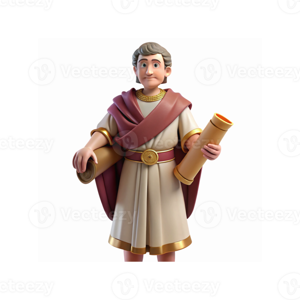 Cartoon Ancient Roman Character Holding Scrolls in Traditional White Tunic and Red Draped Cape png