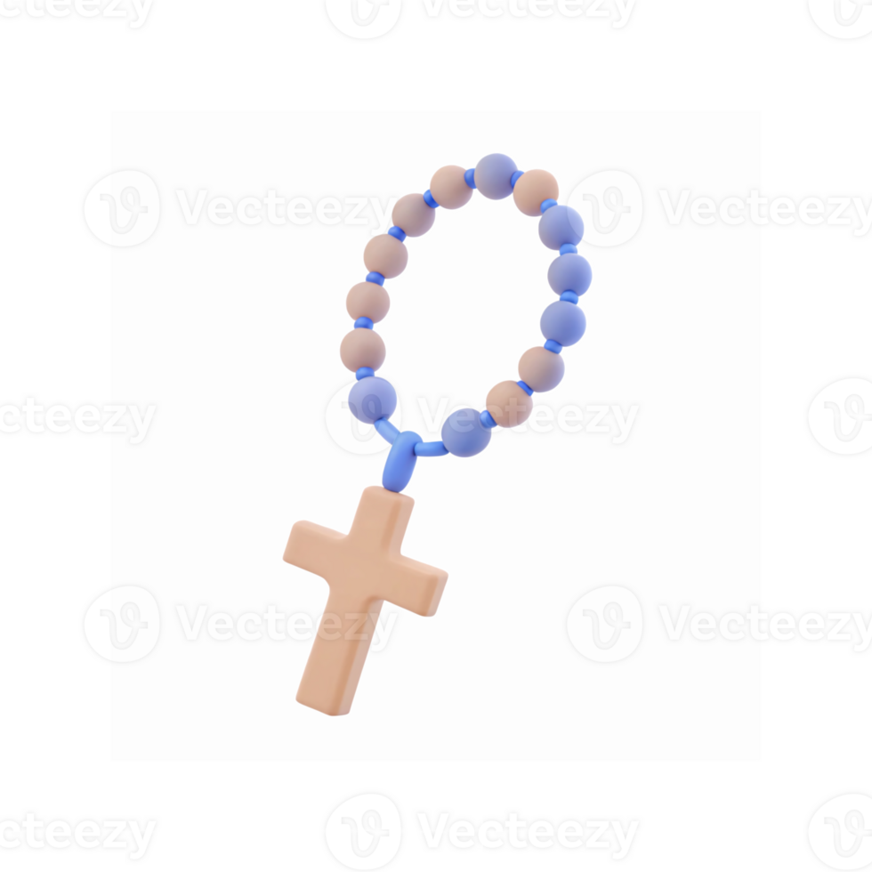 Pastel Beige Cross Pendant with Blue and Beige Beaded Rosary Religious Accessory on Transparent Background png