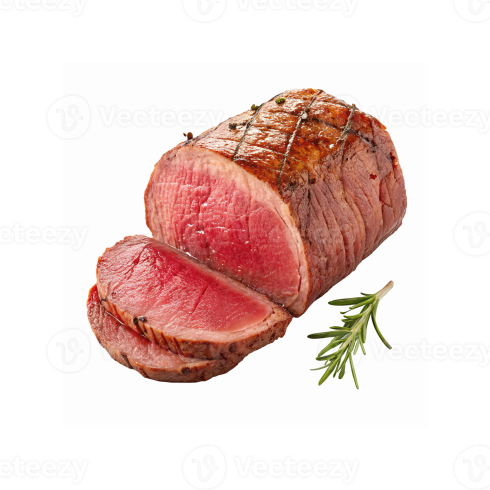 Perfectly Cooked Juicy Medium Rare Roast Beef Tenderloin with Sliced Portion and Fresh Rosemary Garnish png