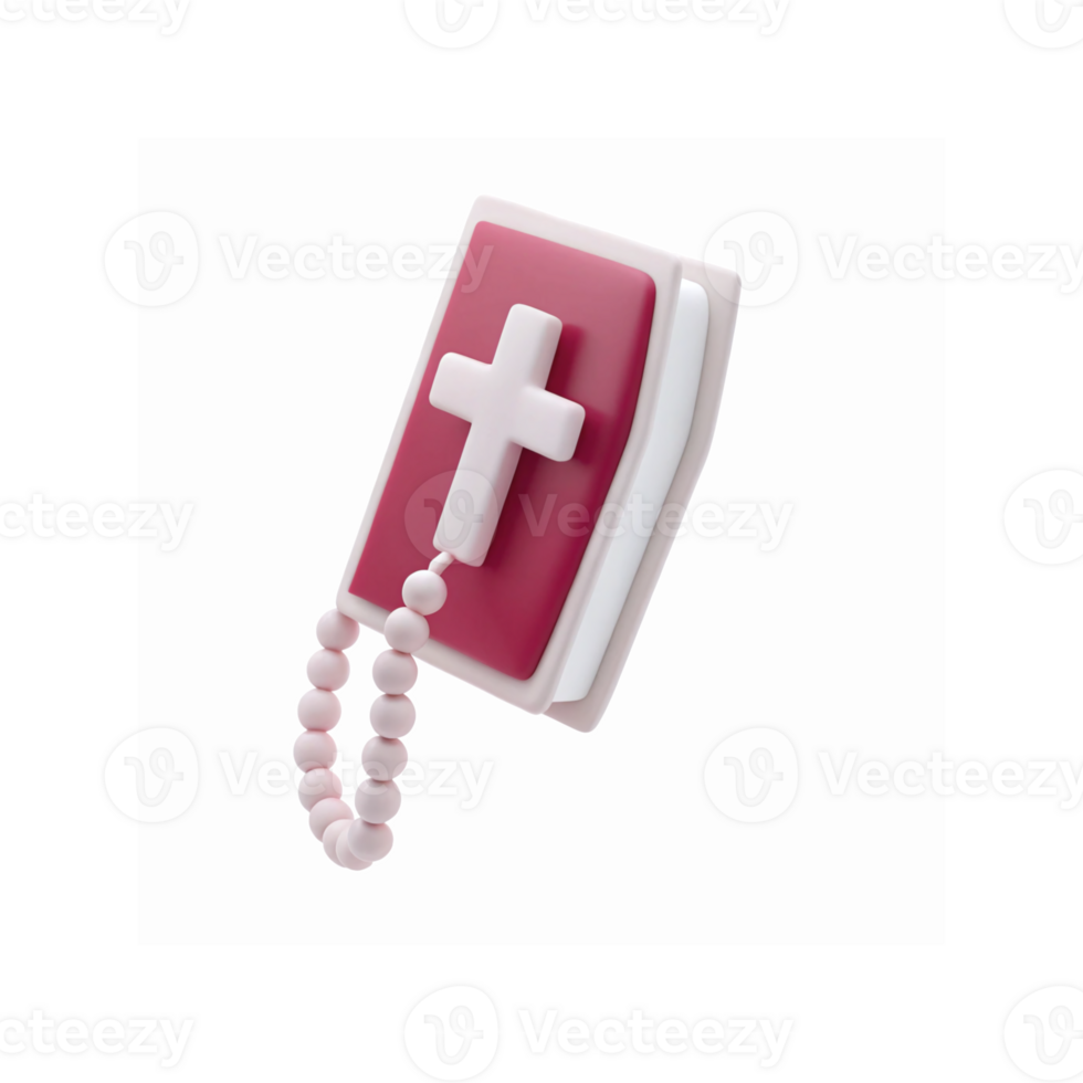 3D Render of Red Bible with White Cross and Rosary on Transparent Background for Religious Themes png
