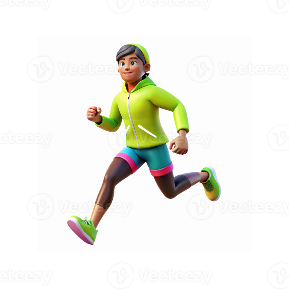 Young Runner in Neon Green Hoodie and Sporty Outfit Jogging with Energetic Expression on Transparent Background png