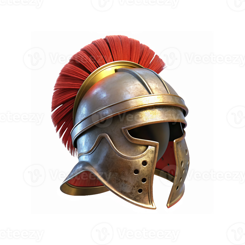 Ancient Roman Soldier Helmet with Red Plume and Metallic Gold Finish for Historical Themes and Designs png