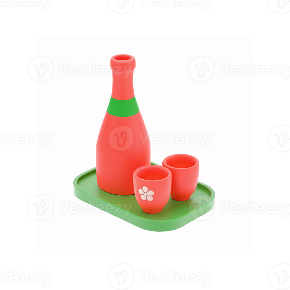 Modern Red and Green Sake Set with Floral Cups on Matching Serving Tray for Minimalist Decor png