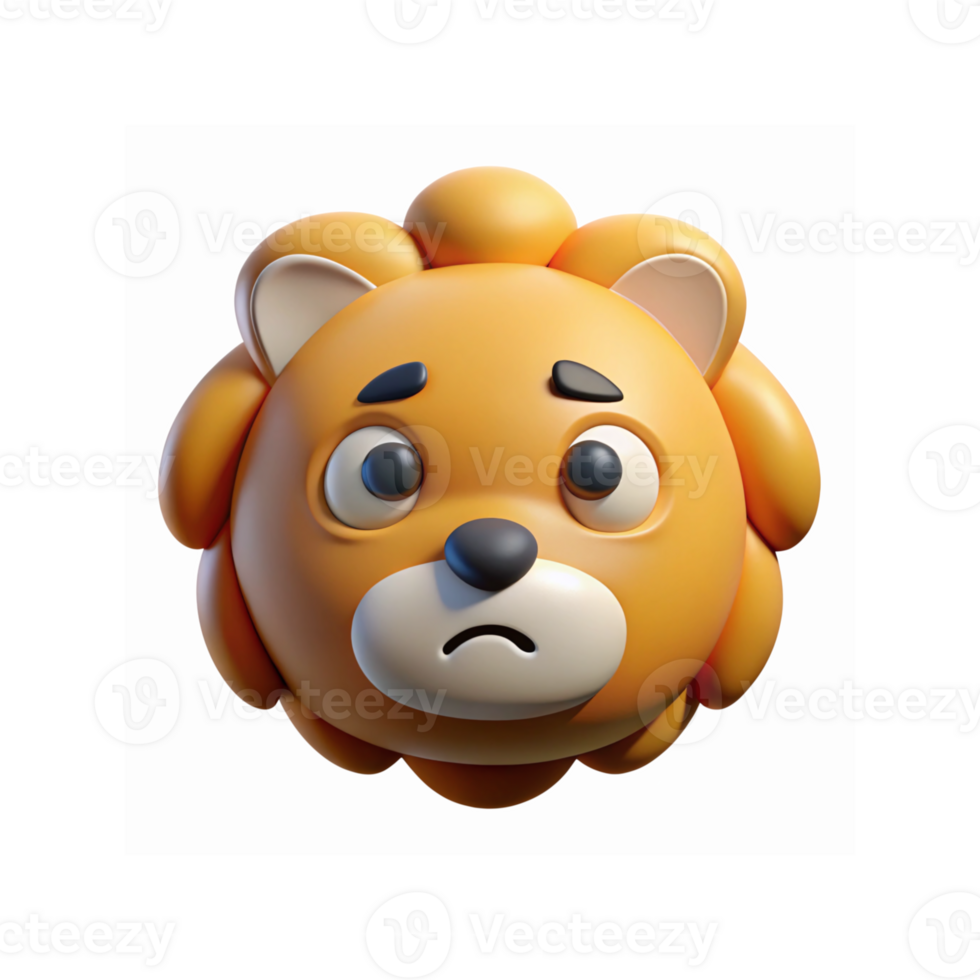 3D Sad Lion Face Emoji Expression Digital Cartoon Illustration with Orange and White Features png