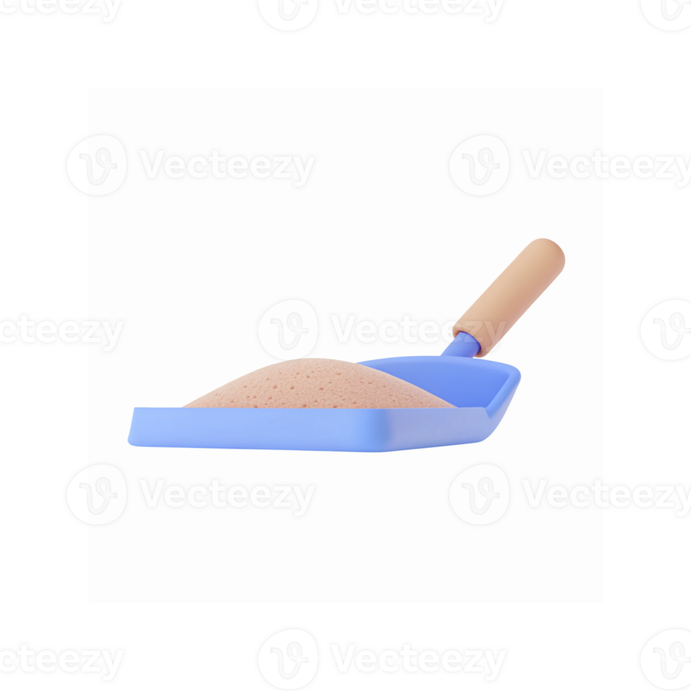 Closeup Blue Plastic Dustpan Filled With Fine Beige Sand and Wooden Handle on Transparent Background png