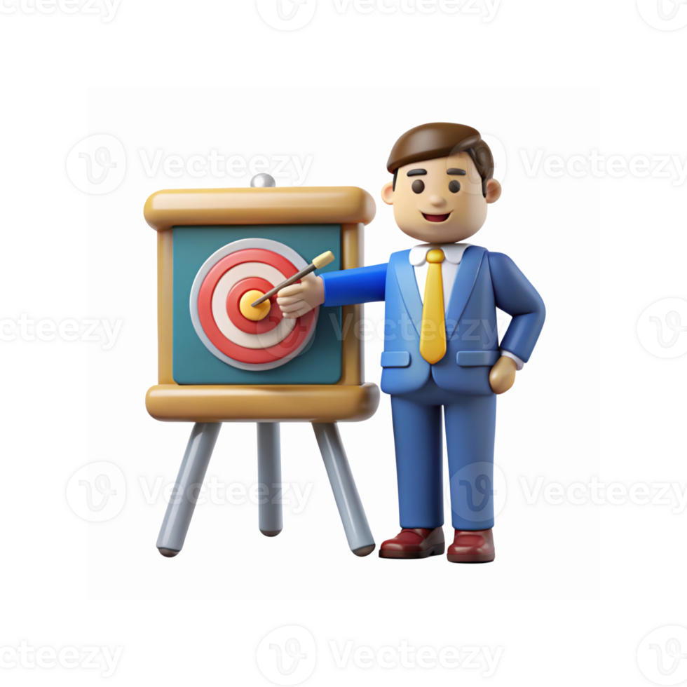 Cartoon Businessman Pointing at Target Board with Bullseye for Professional Goals and Success png