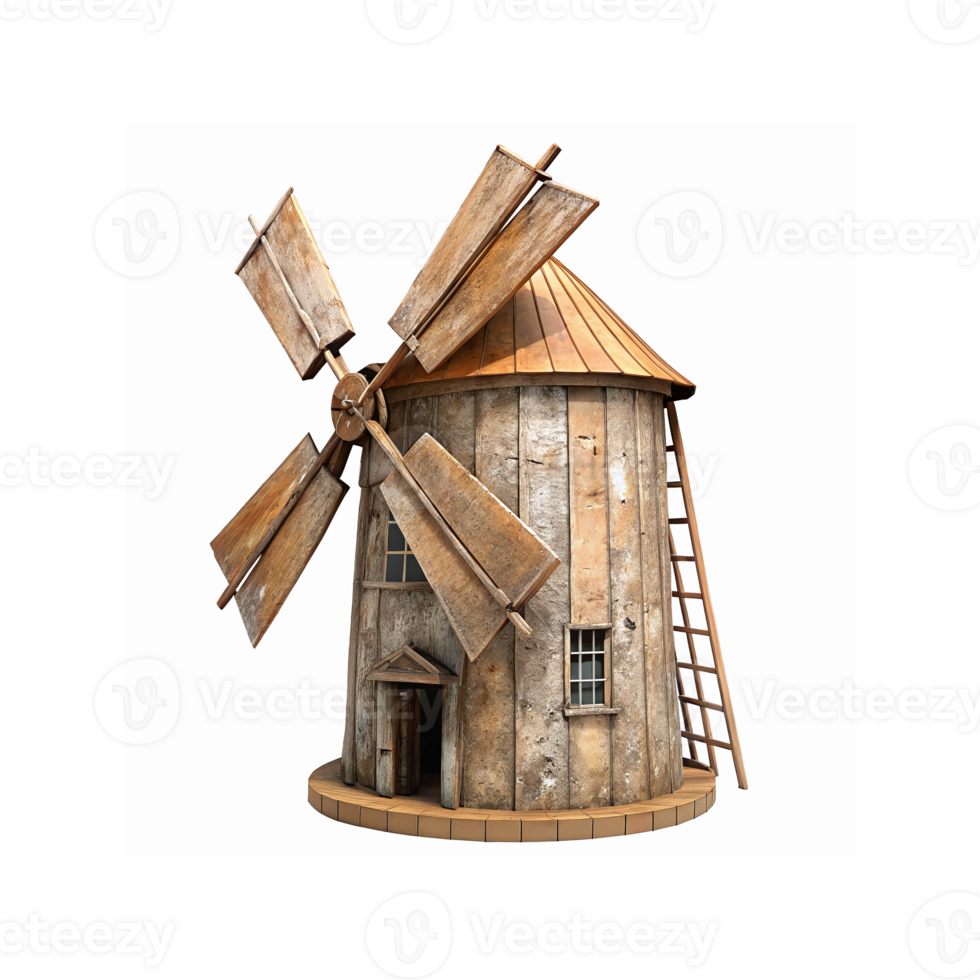 Rustic Wooden Windmill with Weathered Blades and Ladder on Transparent Background for Vintage Design png