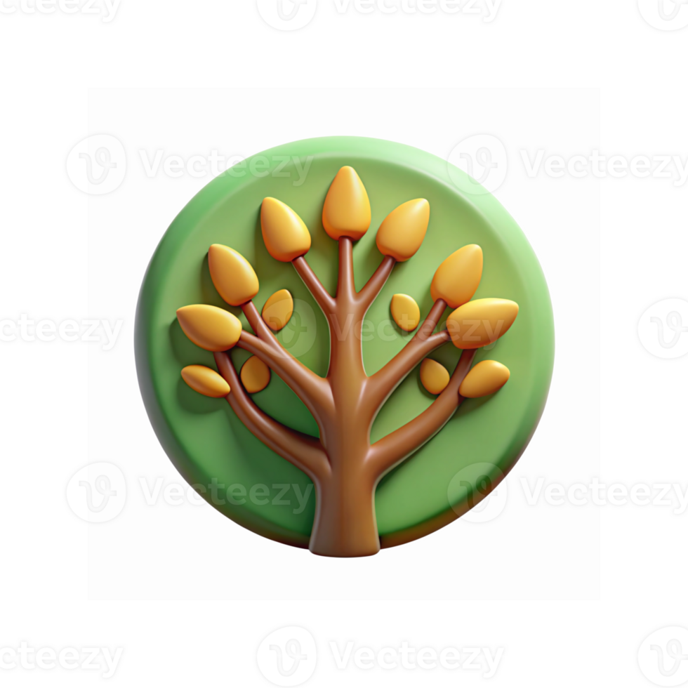 3D Tree Icon with Brown Trunk and Yellow Leaves on Green Circular Background for Nature Concepts png