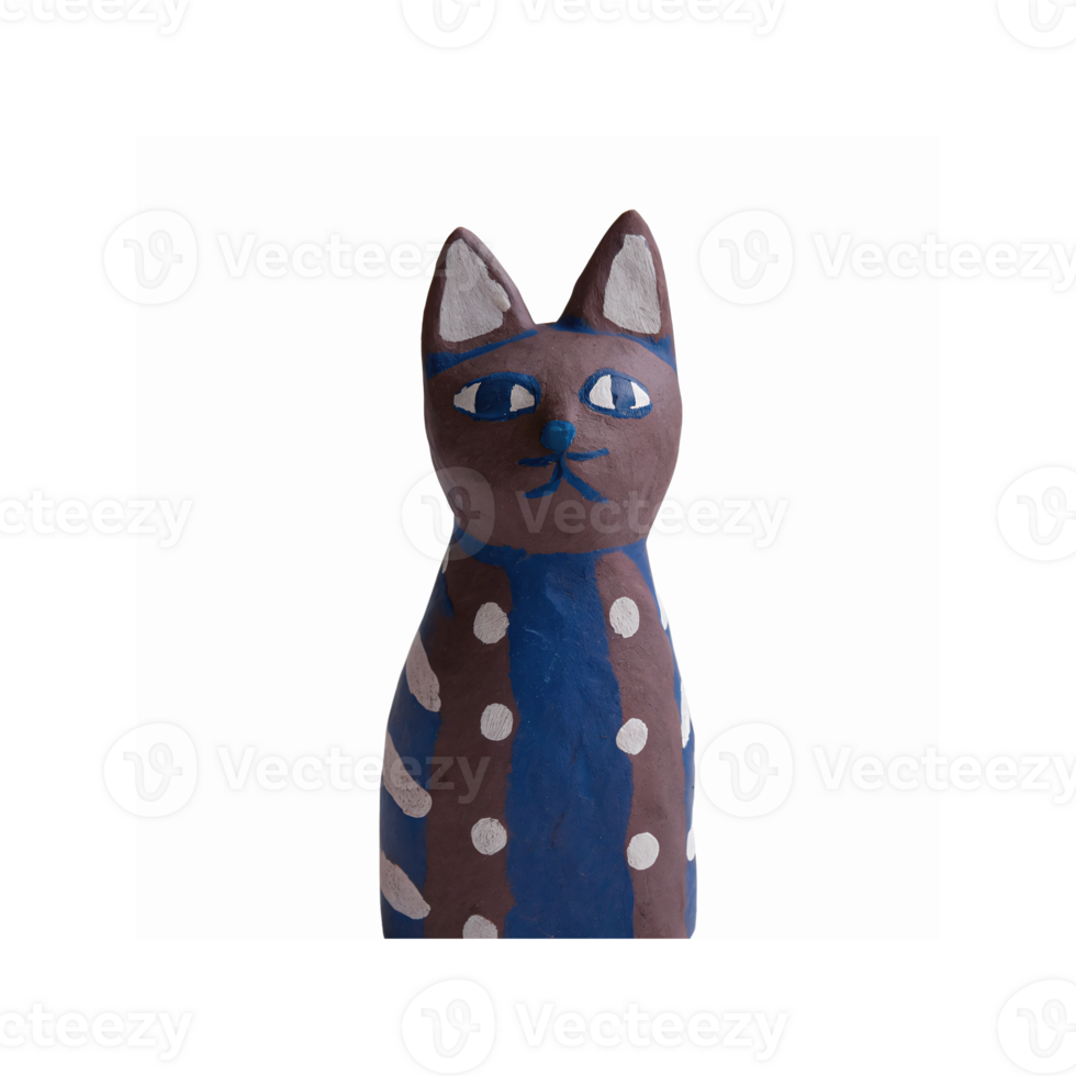 Handcrafted Clay Cat Figurine with Blue and Brown Stripes and Dotted Patterns on Transparent Background png