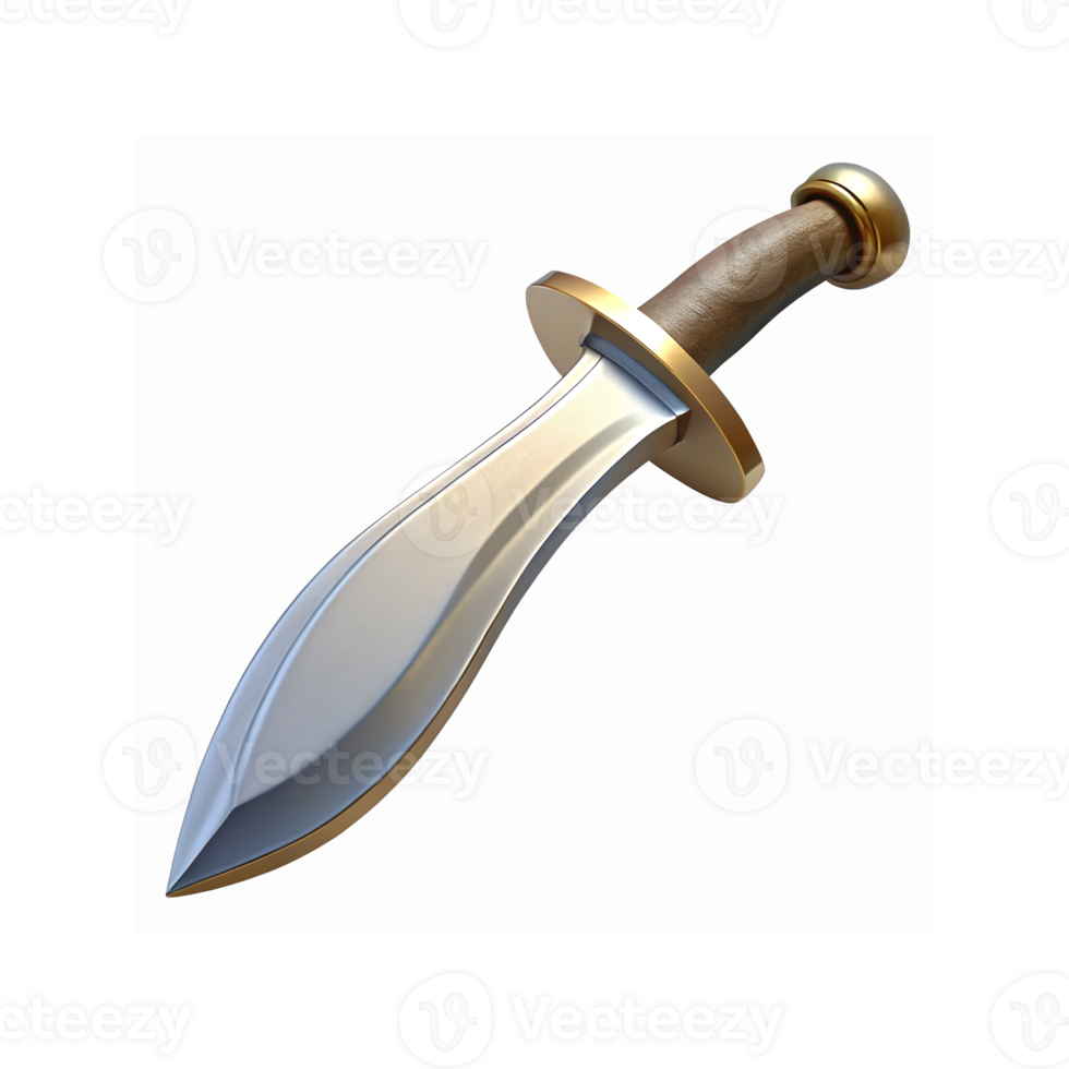 High Polished Silver Blade with Golden Guard and Wooden Grip on Transparent Background png