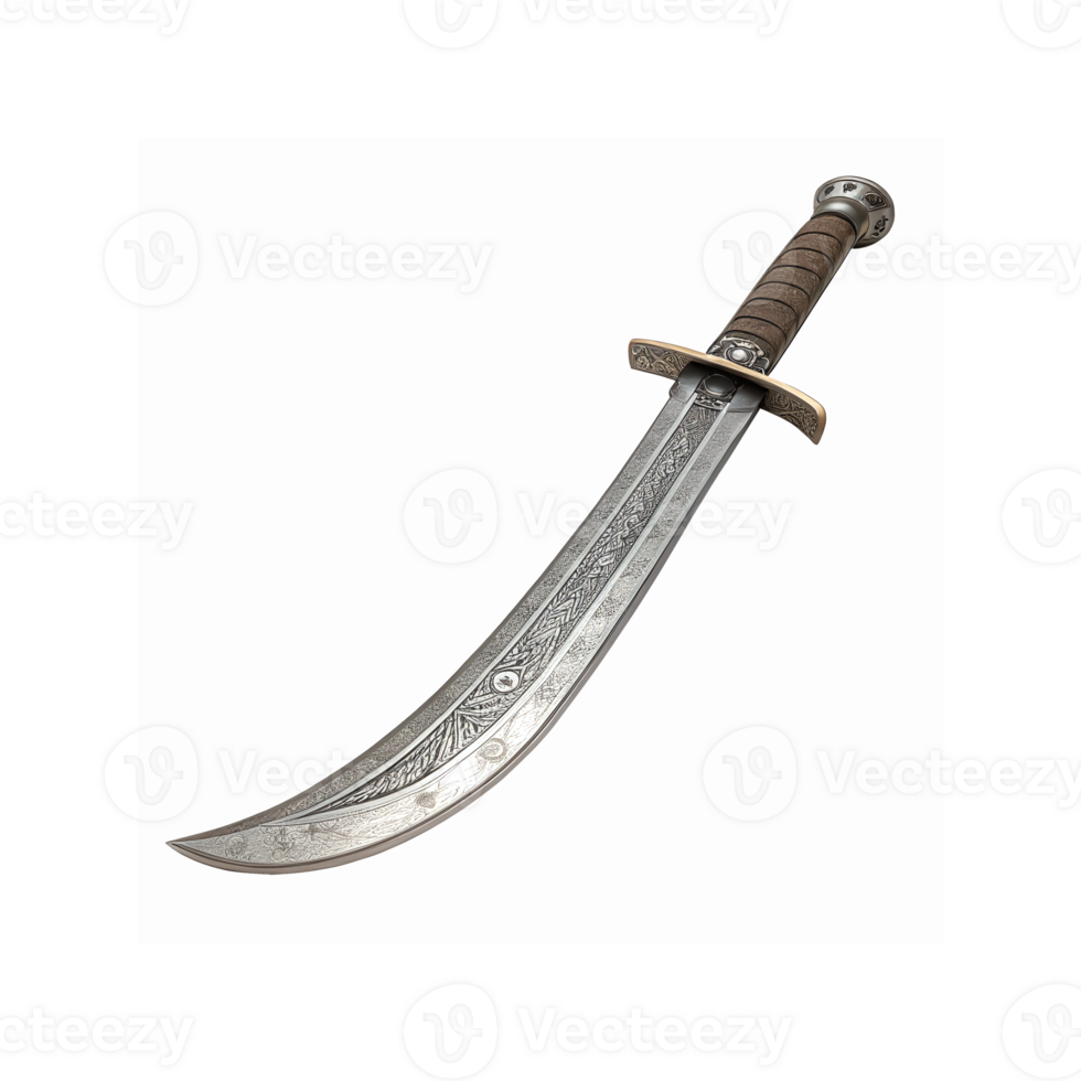 Ornate Curved Metal Sword with Detailed Engravings and Brown Leather Handle for Medieval Themes png