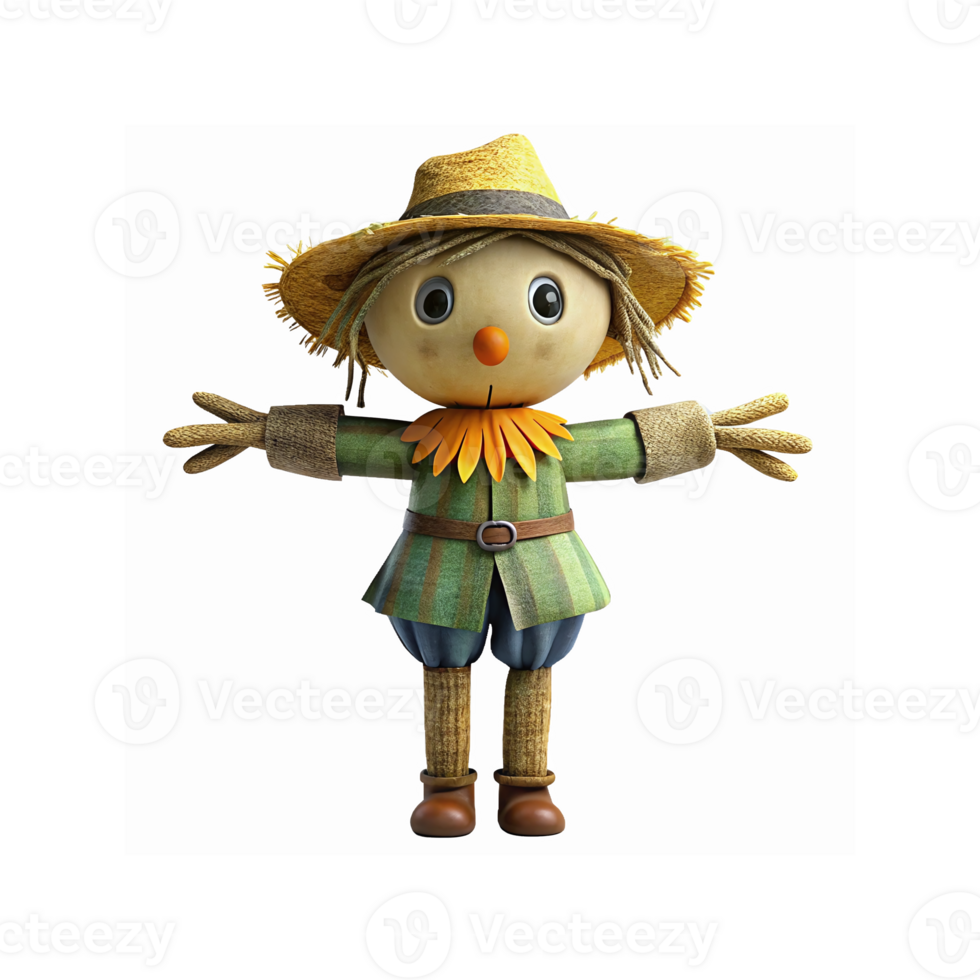 Cute Straw Scarecrow with Green Outfit Orange Hat Simple Cartoon Design Isolated Transparent Background png