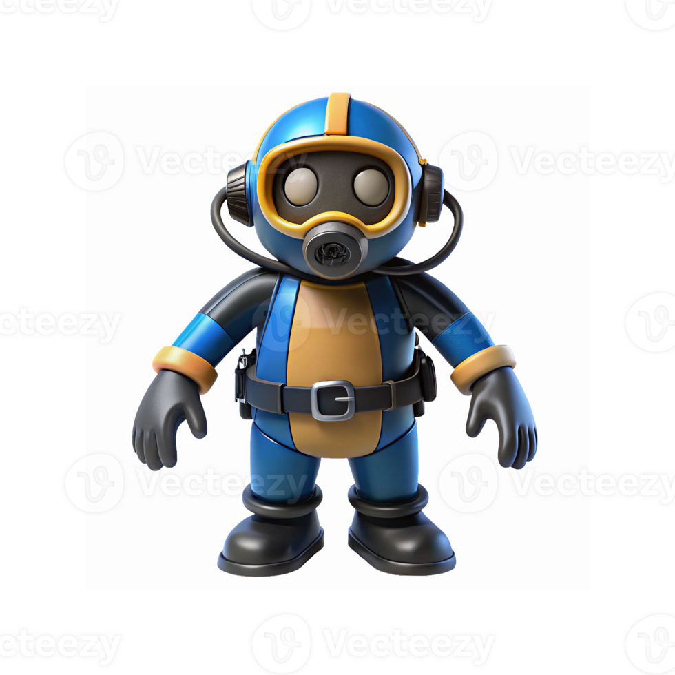 Cartoon Style Deep Sea Diver Character with Blue Yellow Suit Respirator and Diving Gear png