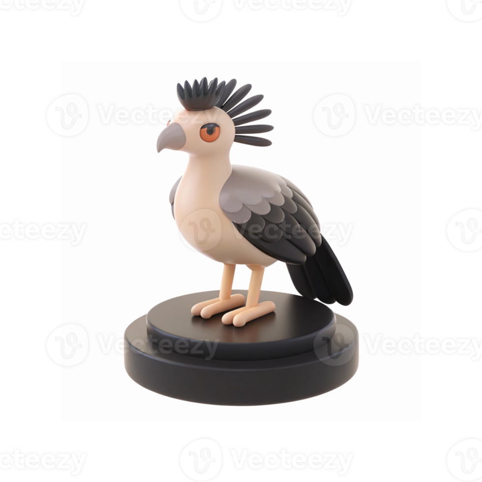 Minimalist Cartoon Bird Figurine with Gray Black Feathers and Spiky Crest Standing on Round Base png