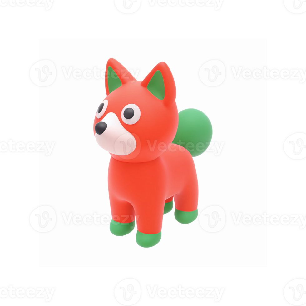 Bright Red Cartoon Fox Figure with Green Ears and Tail Cute 3D Toy Illustration on Transparent Background png