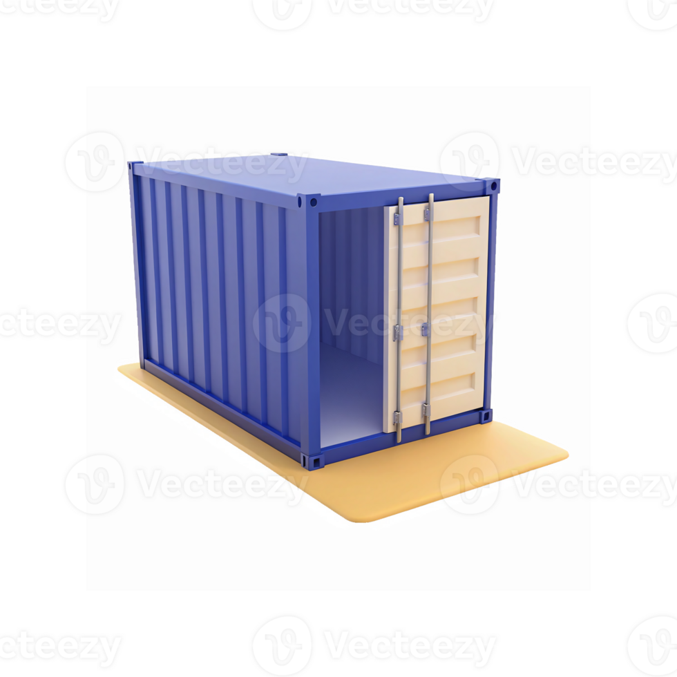 Open Blue Shipping Container with Beige Doors on Yellow Platform for Storage and Transportation png