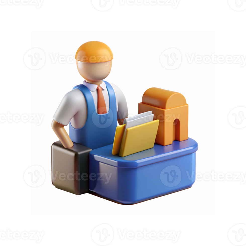 3D Illustration of Office Worker with Desk Files and Briefcase in Professional Attire for Business Themes png