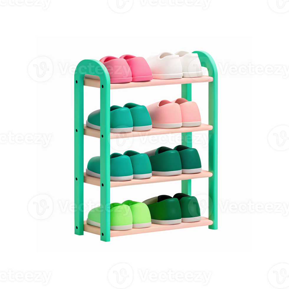 Multi Tier Shoe Rack With Green And Pink Shoes On Shelves For Home Organization And Storage png