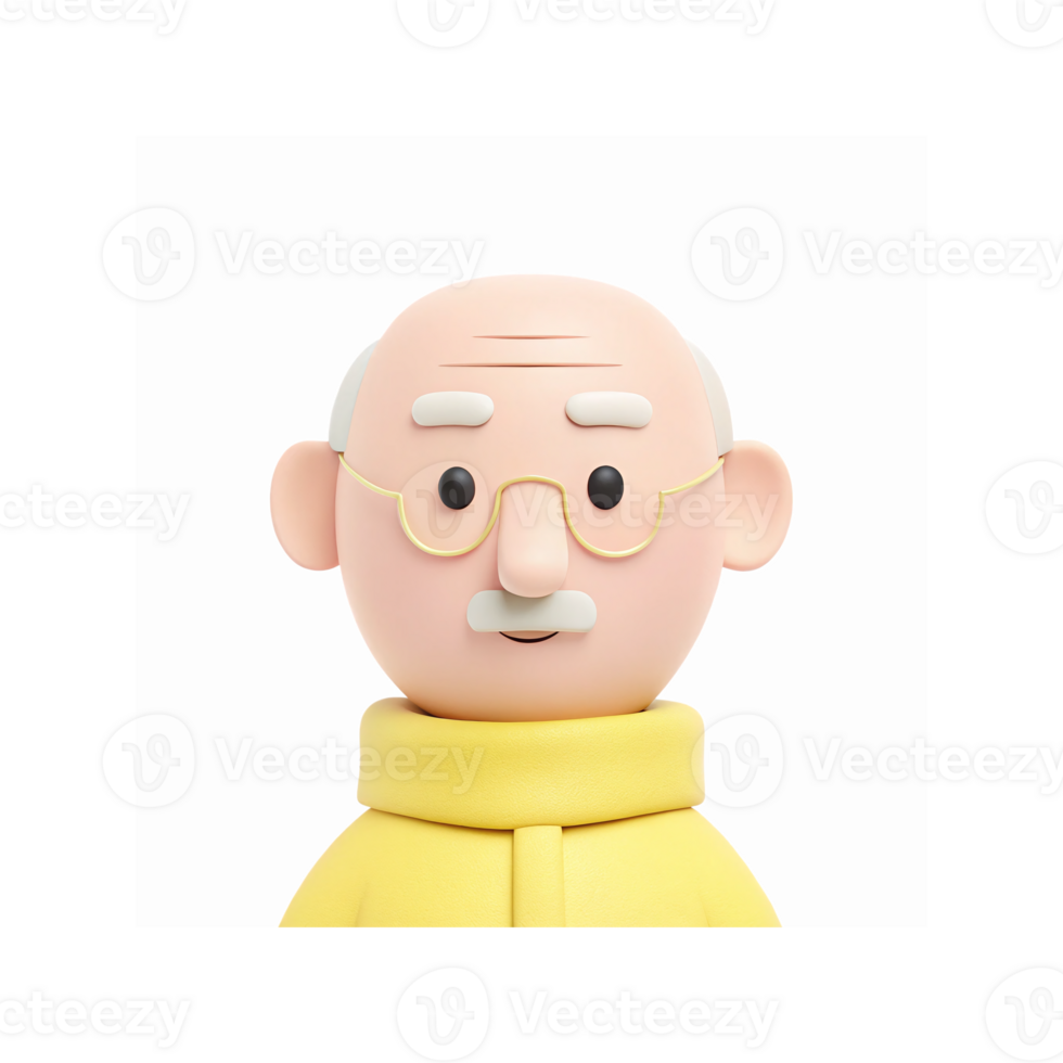Cute Bald Elderly Man With Glasses Mustache Yellow Outfit Cartoon 3D Render Isolated On White Background png