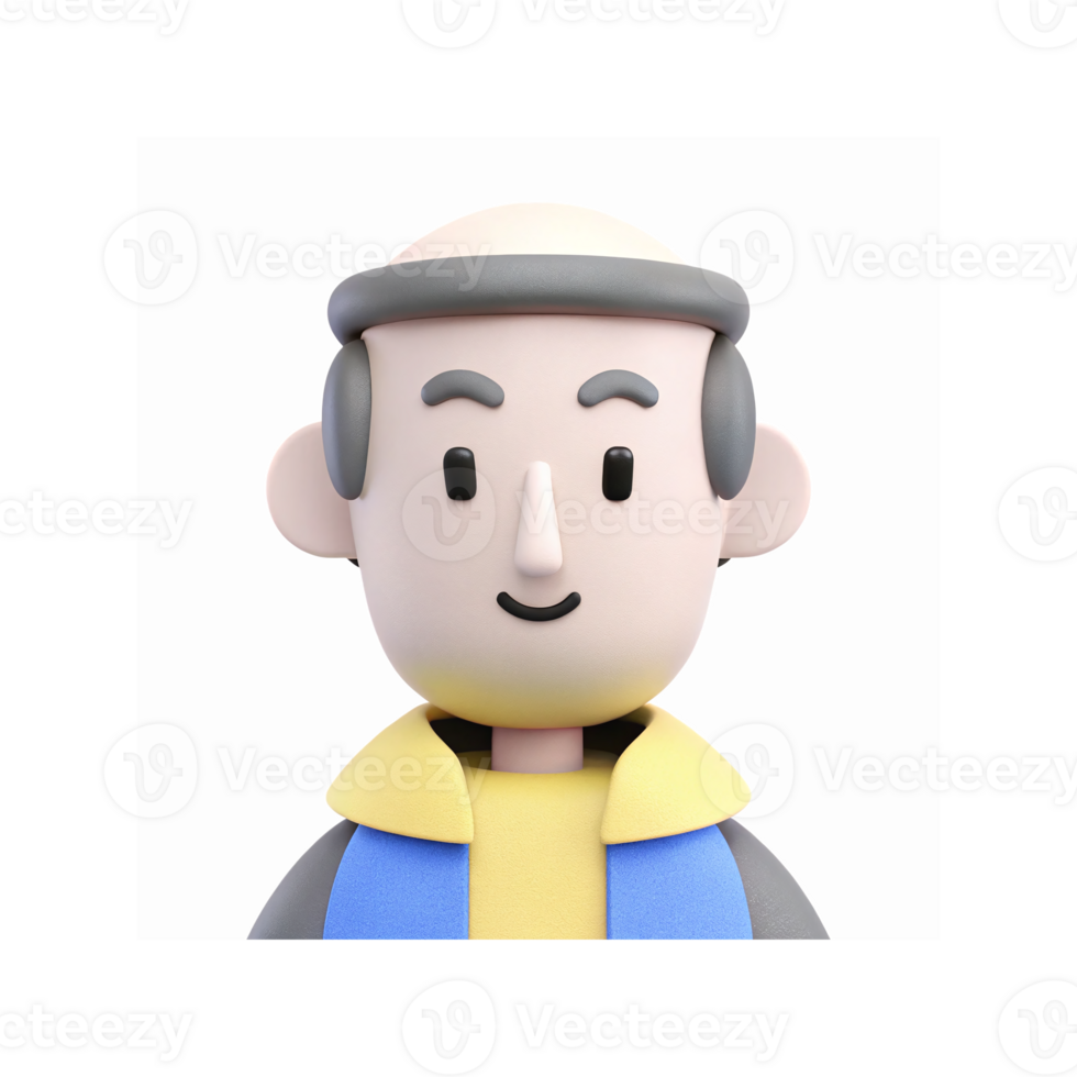 3D Cartoon Illustration of Smiling Bald Character with Headband Bright Clothing and Neutral Expression png