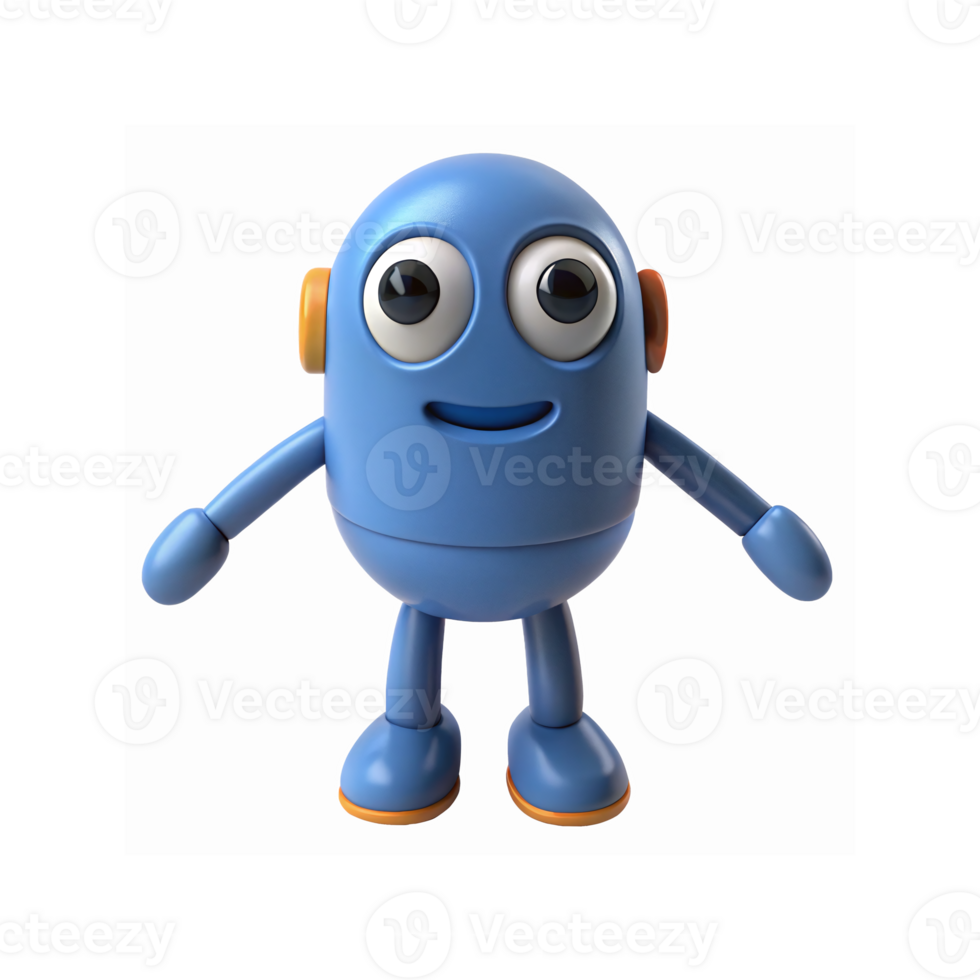 Smiling Blue Cartoon Robot with Big Eyes Orange Ears and Friendly Expression on White Background png