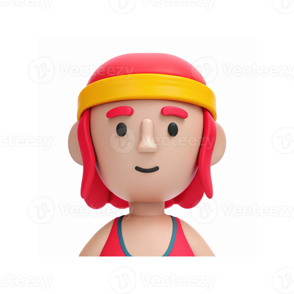 3D Illustration of Smiling Character with Red Hair Headband and Tank Top on Transparent Background png