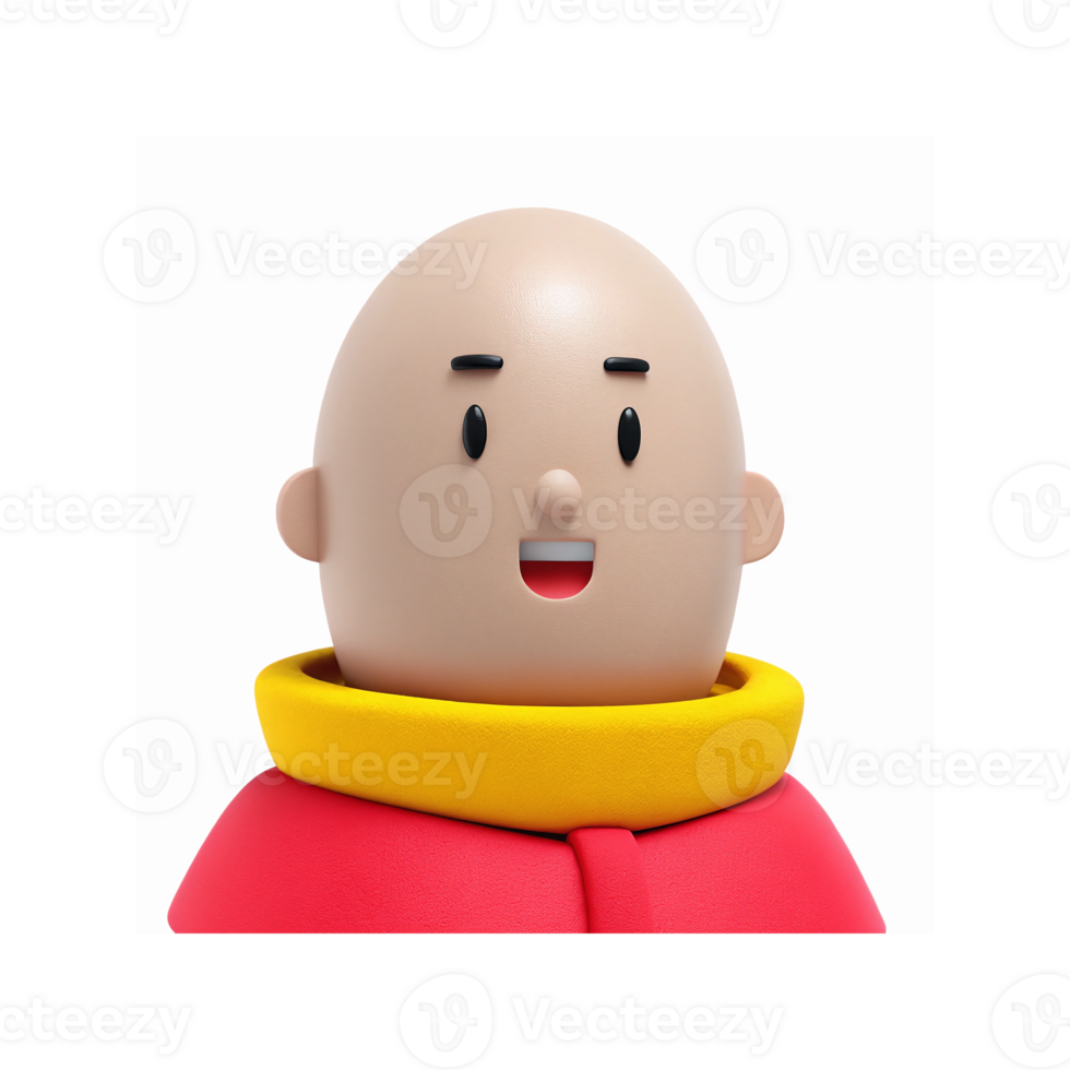 3D Bald Cartoon Character Smiling with Yellow Collar and Red Outfit on Transparent Background png