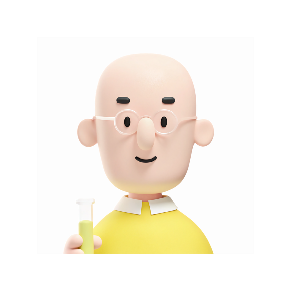 Smiling Bald Cartoon Scientist Holding Test Tube Wearing Glasses and Yellow Shirt on Transparent Background png