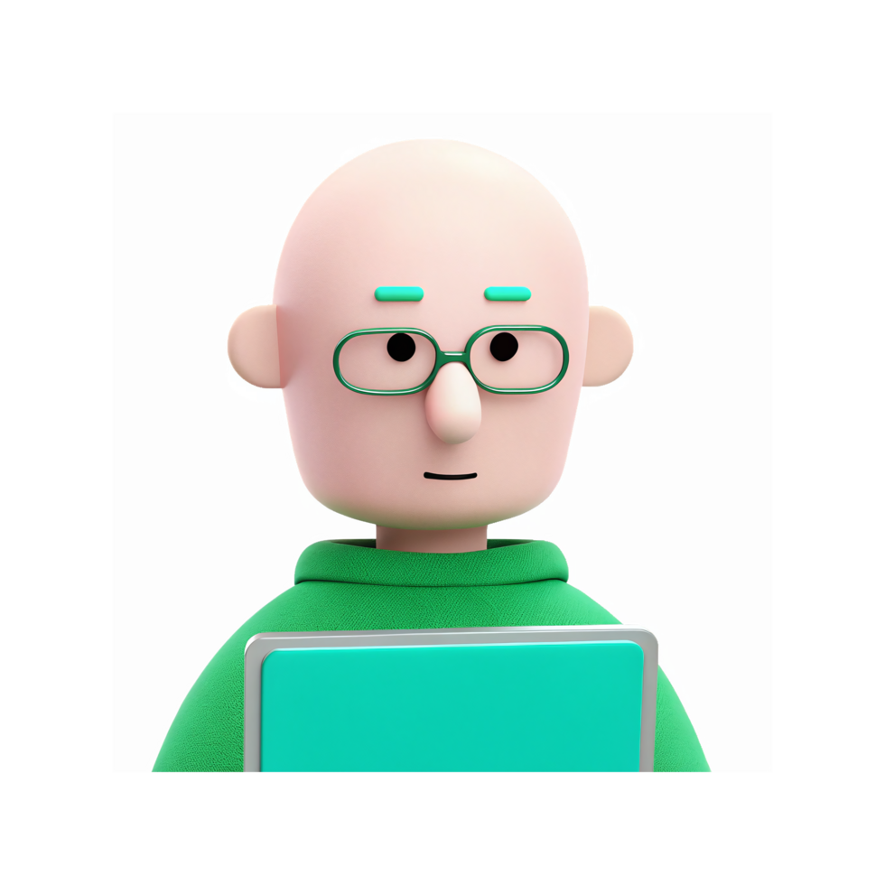 Bald Cartoon Character with Green Glasses Holding a Tablet Wearing Green Hoodie on Transparent Background png
