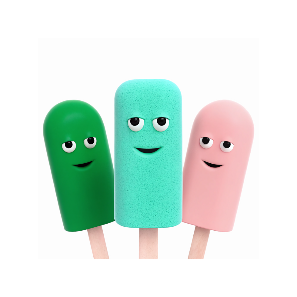 Cute Cartoon Popsicles with Funny Faces in Green Blue and Pink Colors for Kids and Summer Themes png