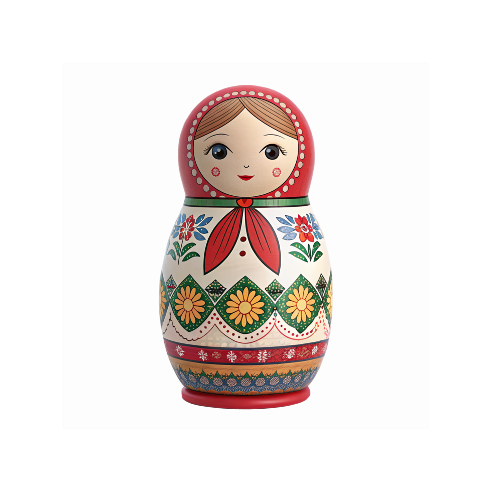 Traditional Russian Matryoshka Doll with Floral Decorative Patterns Bright Red Green and Cream Toy png