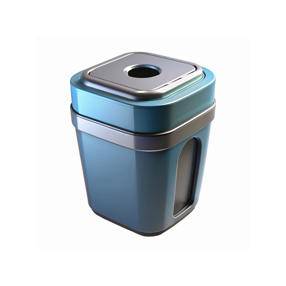 Modern Blue Trash Can with Metal Accents for Home or Office Waste Disposal png