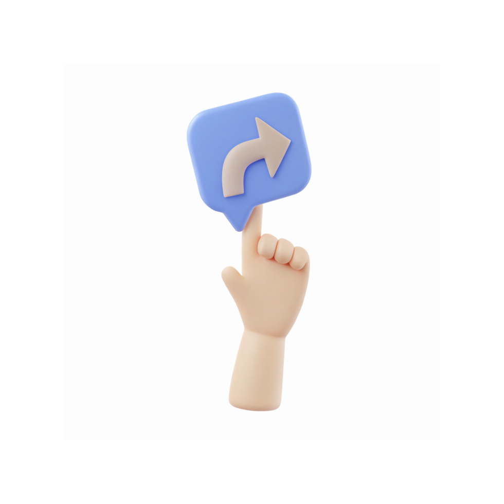 3D Cartoon Hand Pointing at Speech Bubble with Blue Arrow Symbol for Navigation and Direction Concepts png